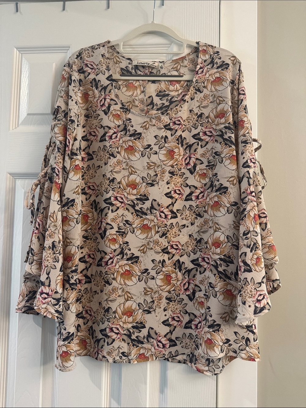 liberty Cream Floral Split-Sleeve Tie Blouse